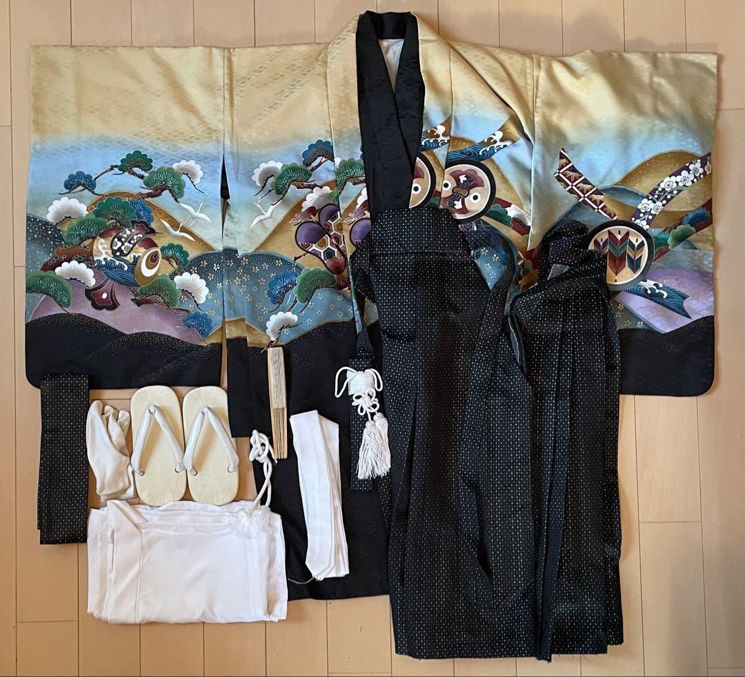 七五三 5歳 男の子 フルセット 男児 着物 羽織 袴 小物 金 黒 鷹 松