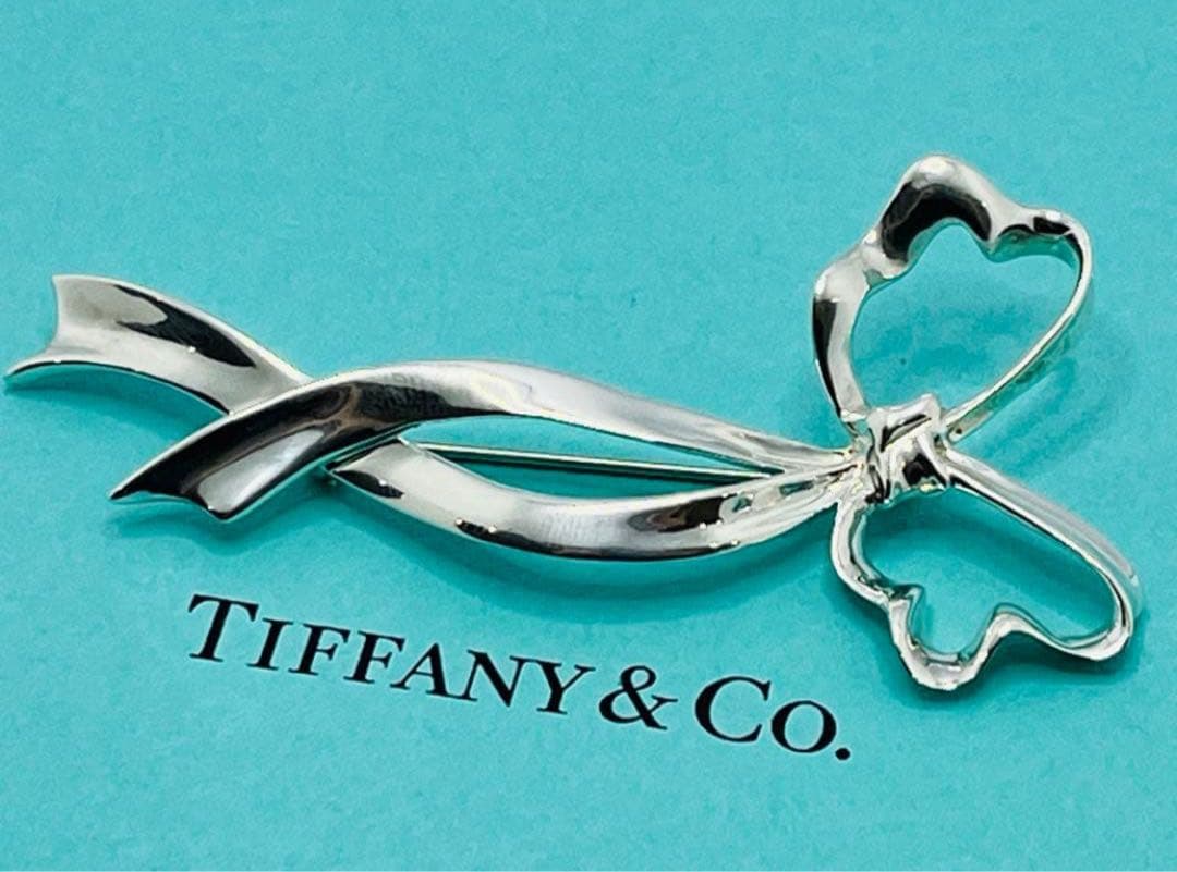 h405 美品　オールドティファニー　リボンボウ　ラージサイズ　ブローチ　925