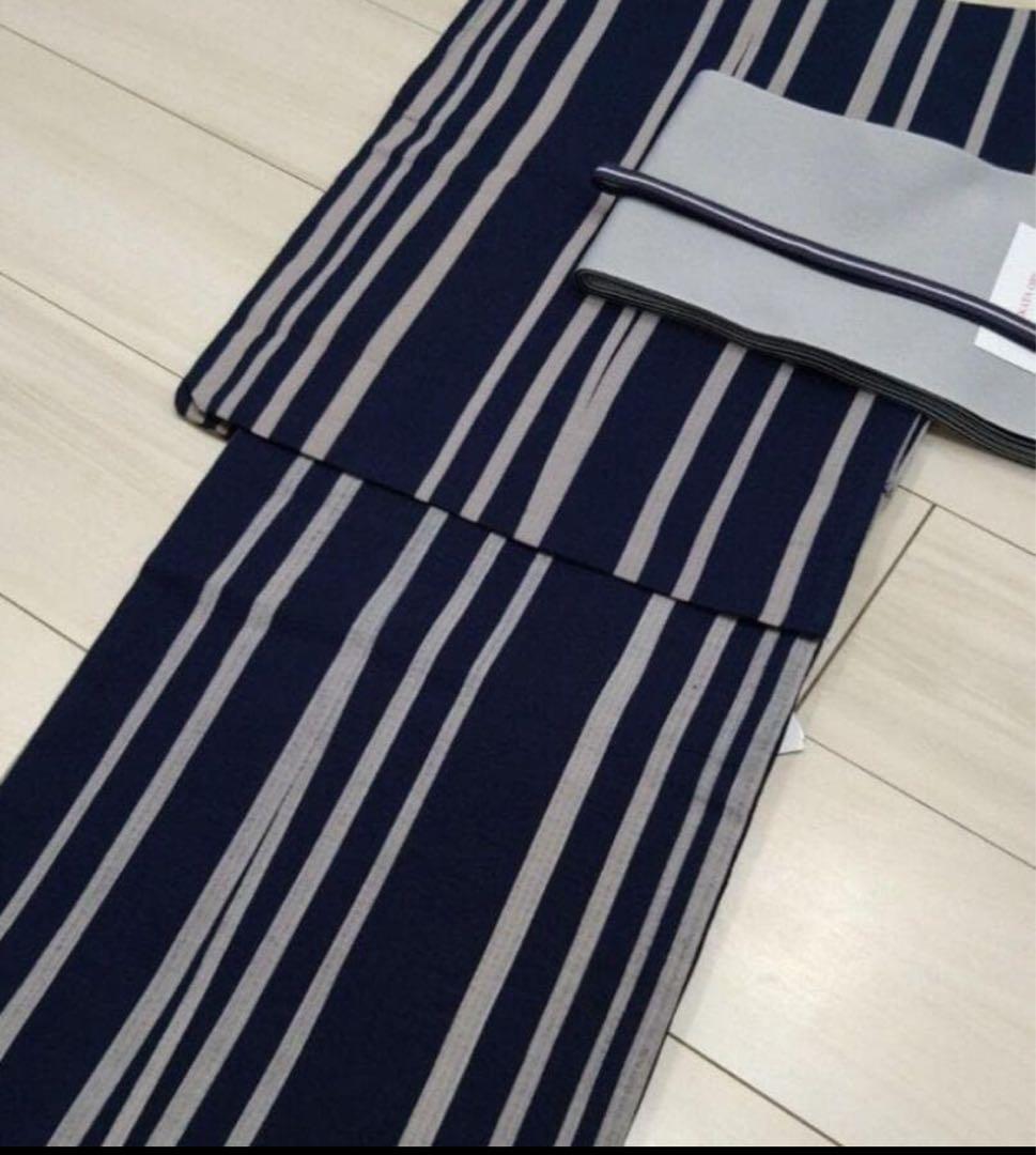 ネイビー・グレー 波縞模様 浴衣　高級しじら織