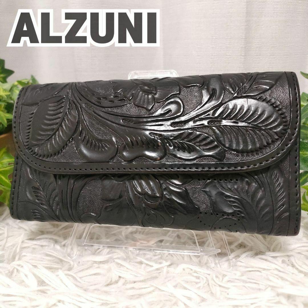 ALZUNI 長財布 ブラック ペイズリー アルズニ 財布 黒 レザー 総柄花柄