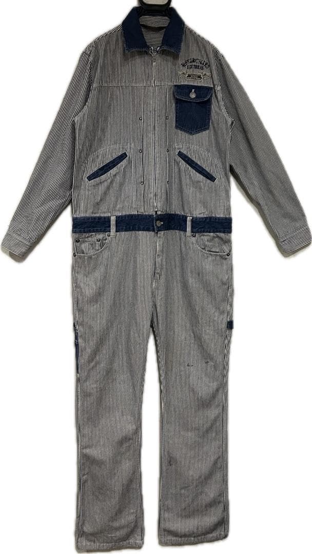 ＊バンソン VANSON バック刺繍 ヒッコリー つなぎ オールインワン XXL