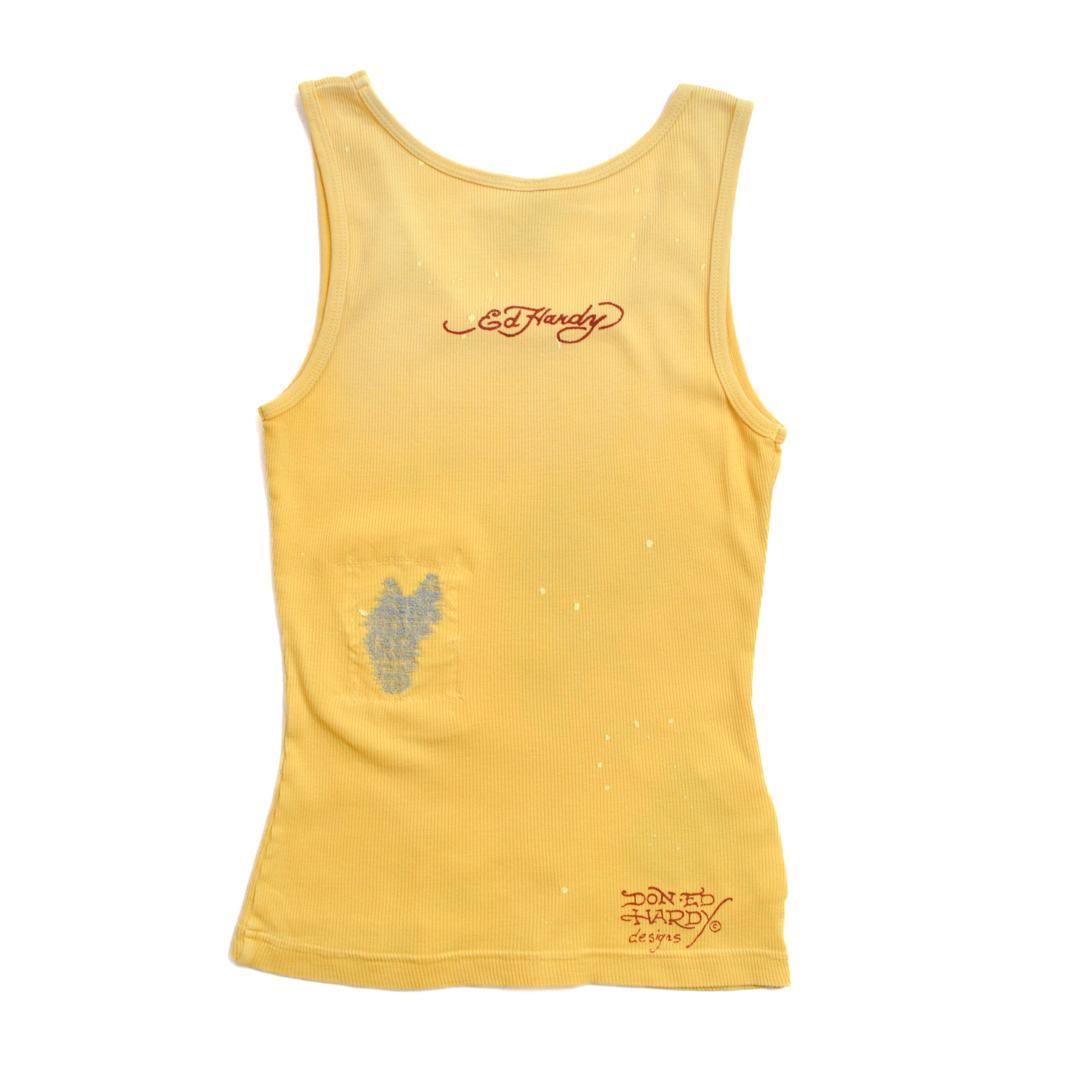 【美品】ED HARDYエドハーディ ベイビーデビル ダメージドタンクトップ黄色