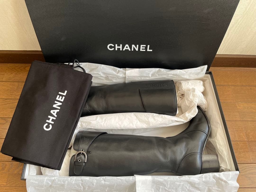 CHANEL シャネル バックルベルト カーフスキン ブラック ハイブーツ 38