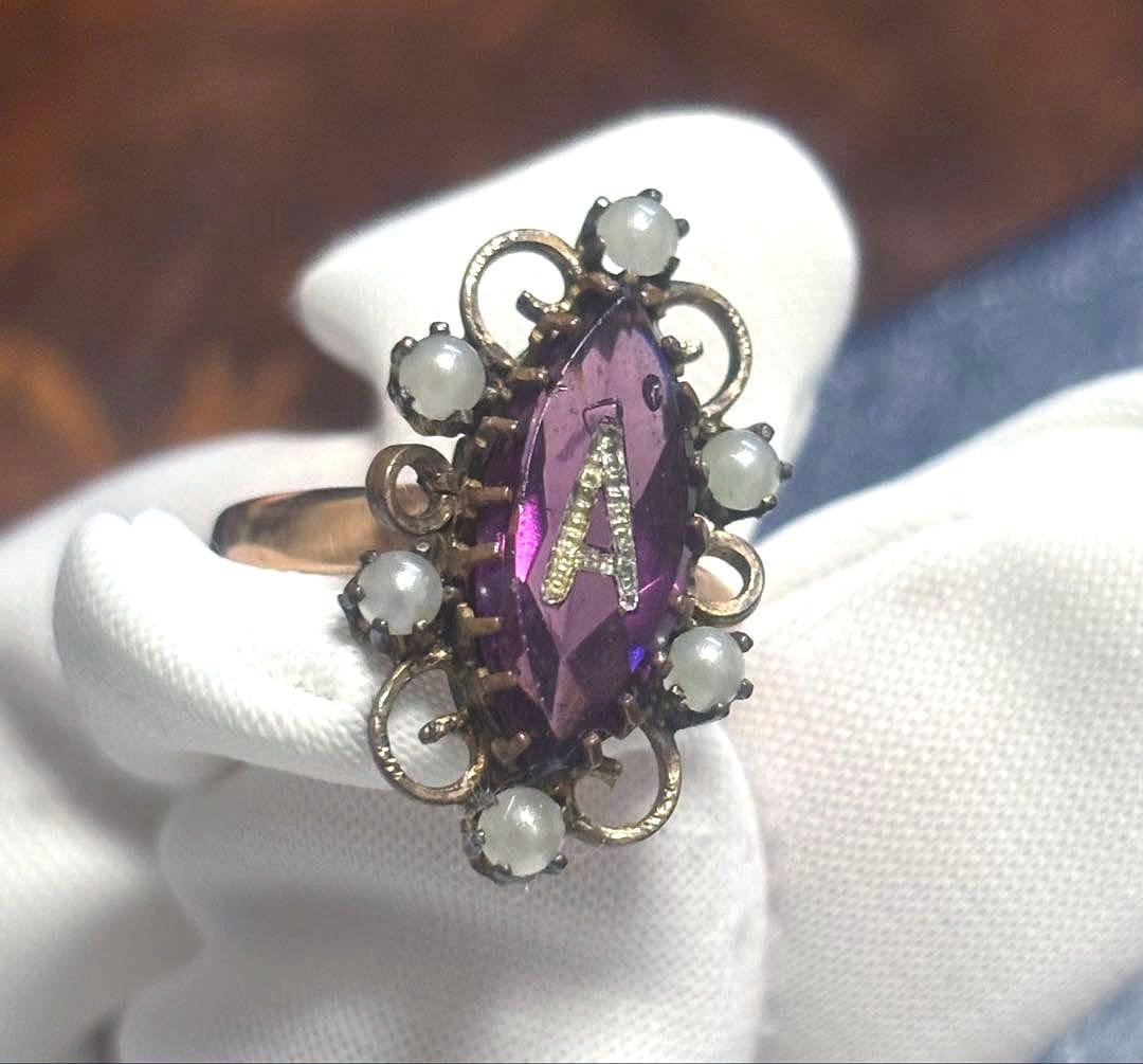 フランス アンティーク リング 指輪 ガラス パール パープル 鑑別書付き