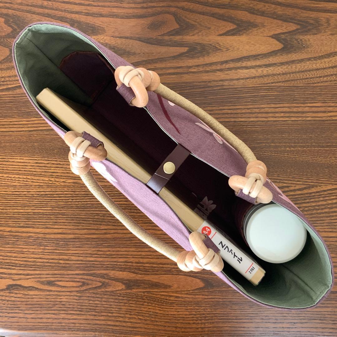 A4サイズ対応　紬　蘭のお花　リメイク　リネンコードハンドルバッグ