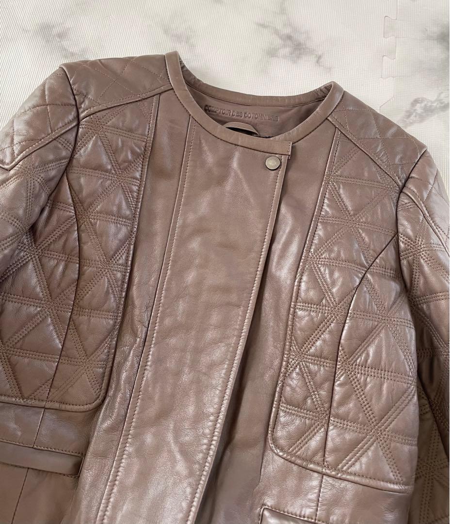 【コントワーデコトニエ】マロン色のラムレザーキルティングジャケット　大きいサイズ