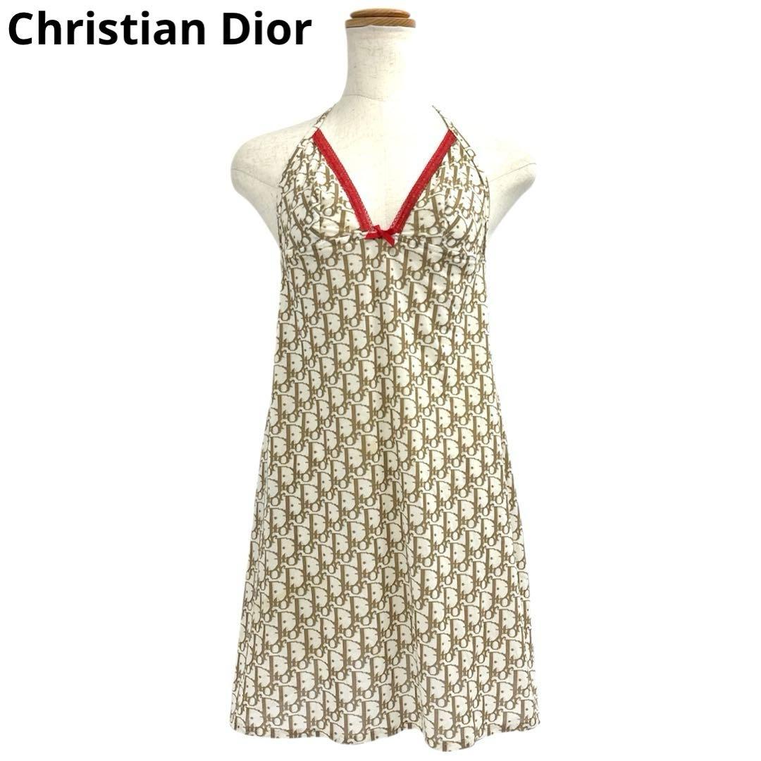 美品　Christian Dior　キャミソール　ロゴ　リボン　M　ベージュ