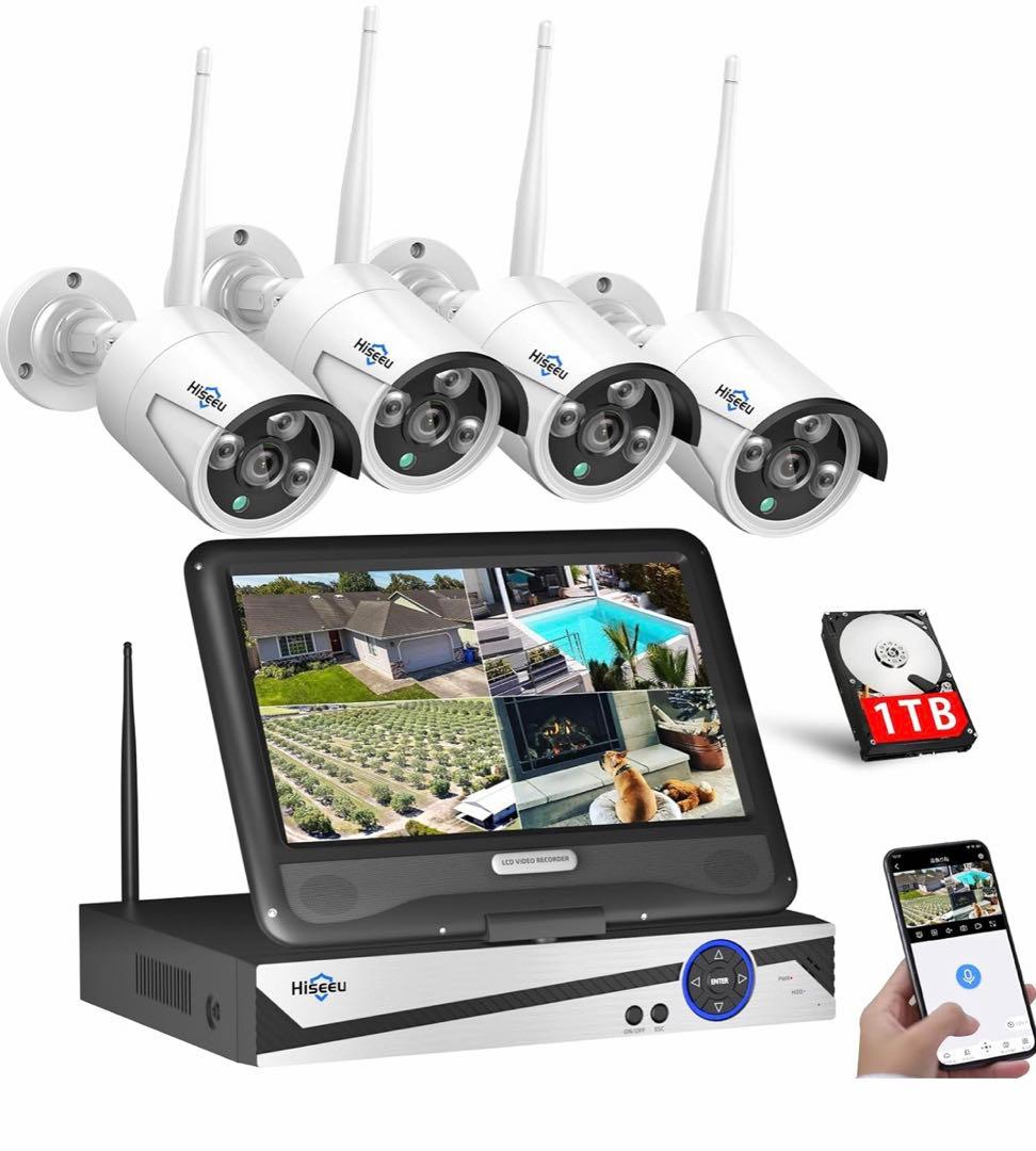 500万画素ワイヤレス防犯カメラセット Hiseeu 10.1インチ 増設可