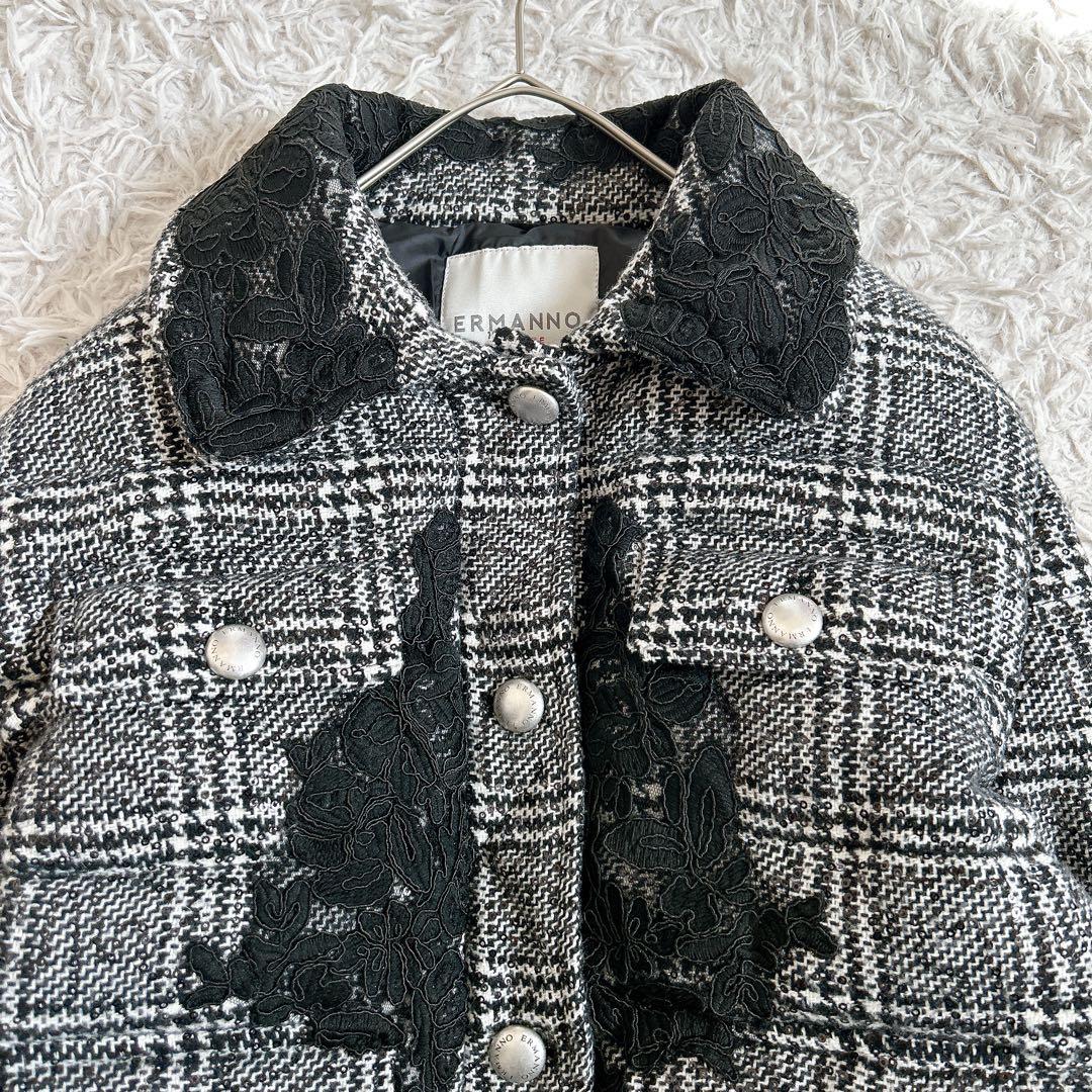 美品⁂エルマンノフィレンツェ⁂ショートコート　グレンチェック　レース　ロゴボタン