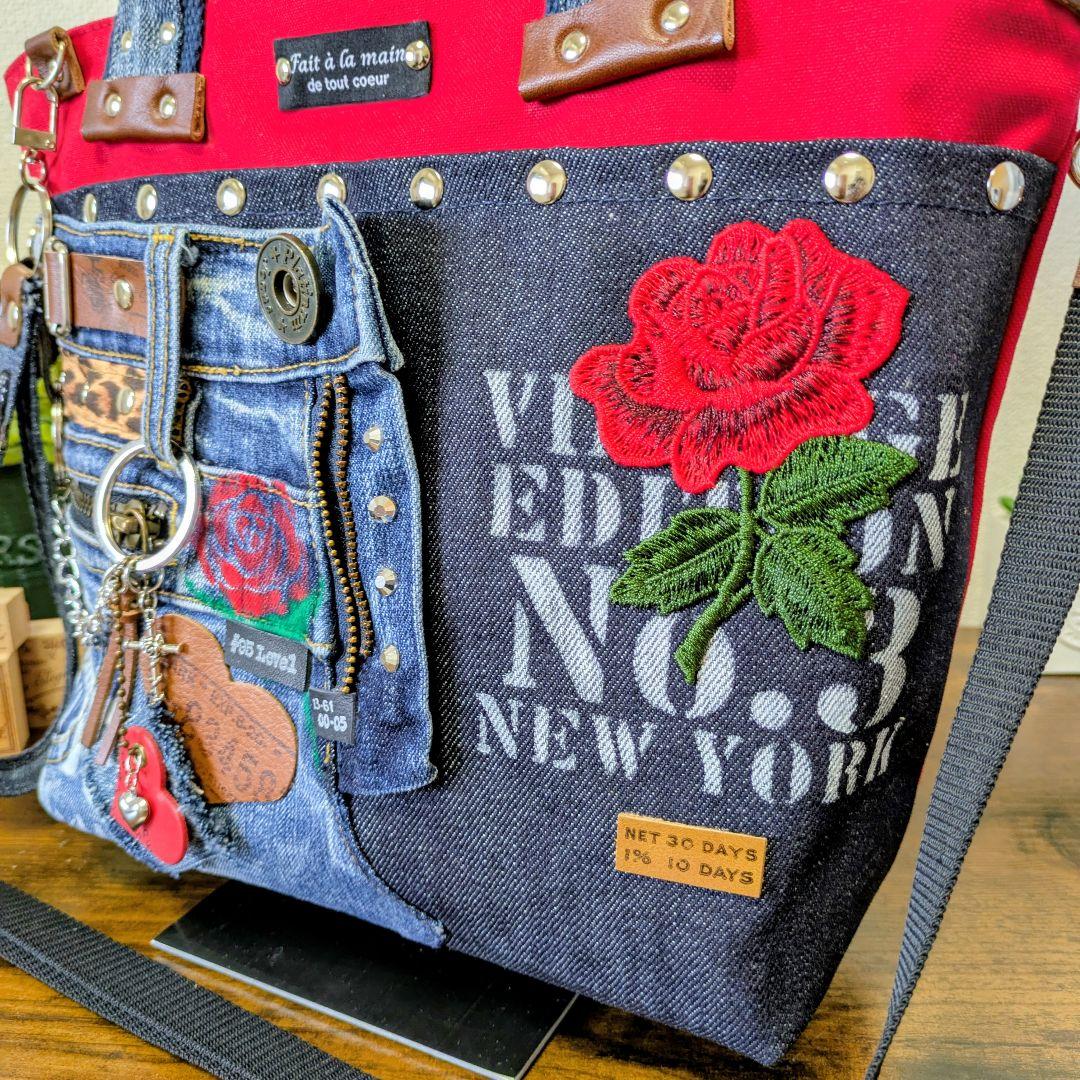 デニムリメイク 2wayトート｜薔薇刺繍×ステンシル・ポケットたくさん・底鋲付き