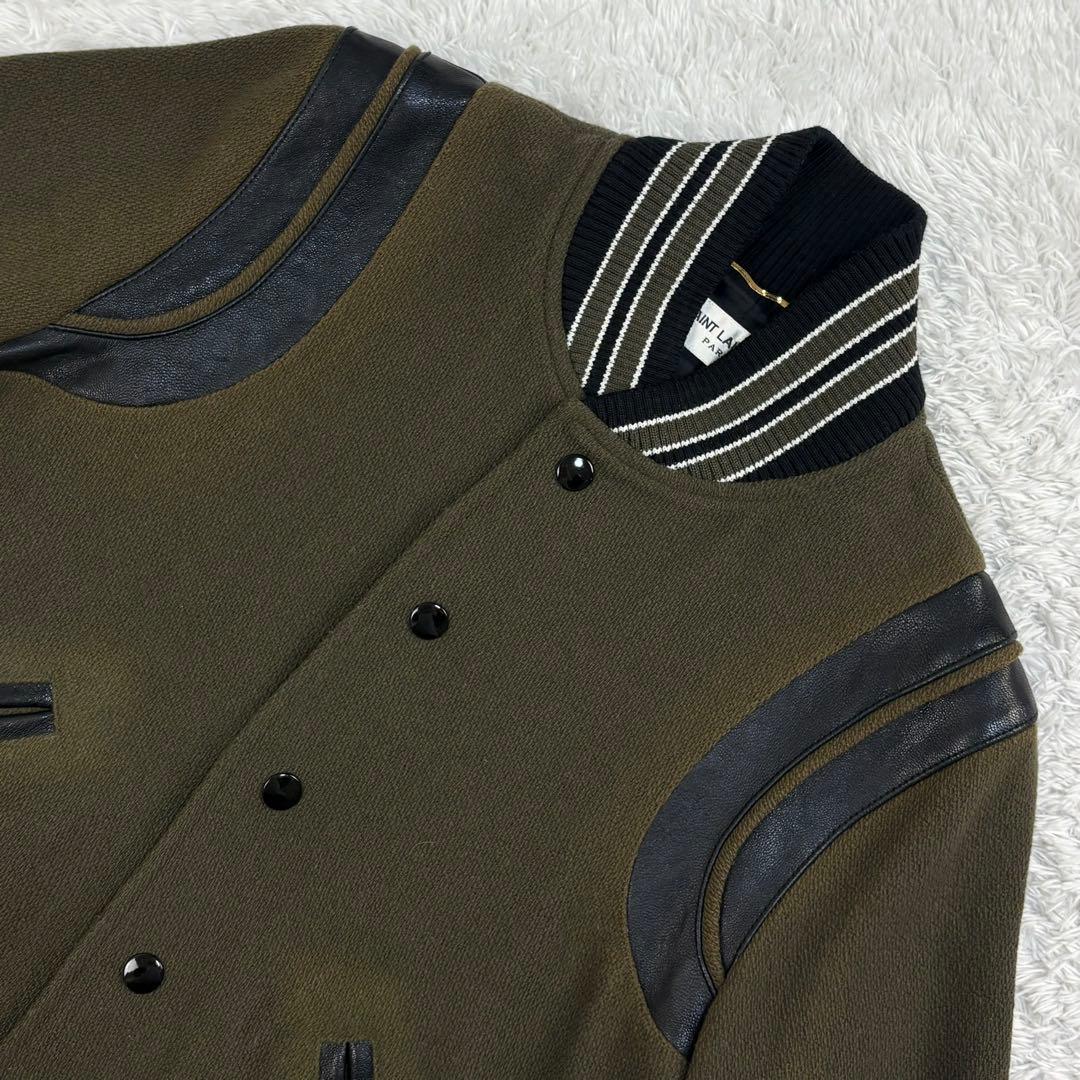 5840【希少カラー】サンローラン☆レザー切替テディジャケット カーキ 即完売