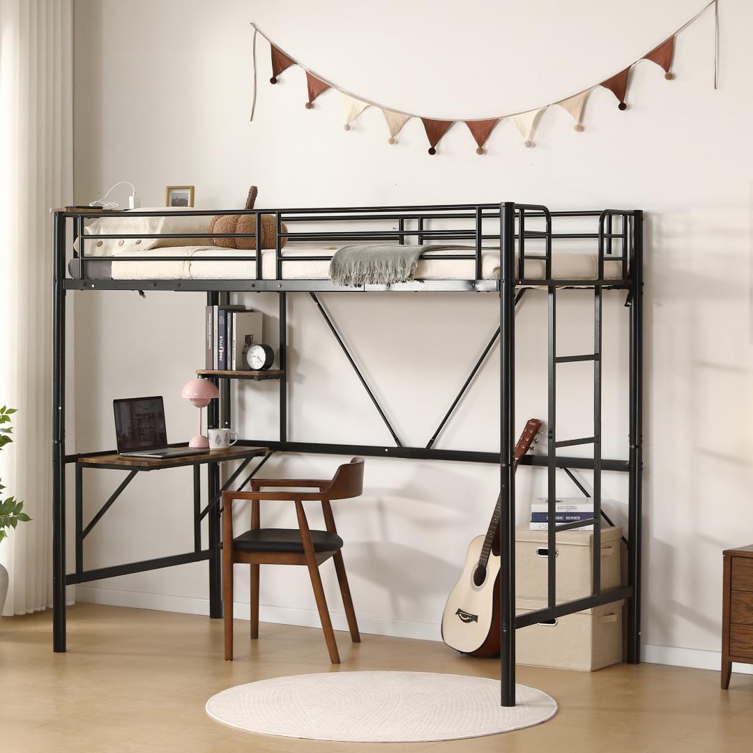ロフトベッド シングル パイプベッド 収納棚 デスク付き収納 パイプブラック
