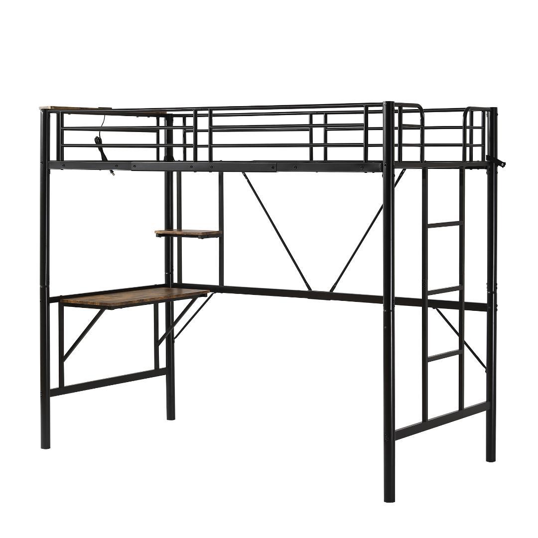 ロフトベッド シングル パイプベッド 収納棚 デスク付き収納 パイプブラック