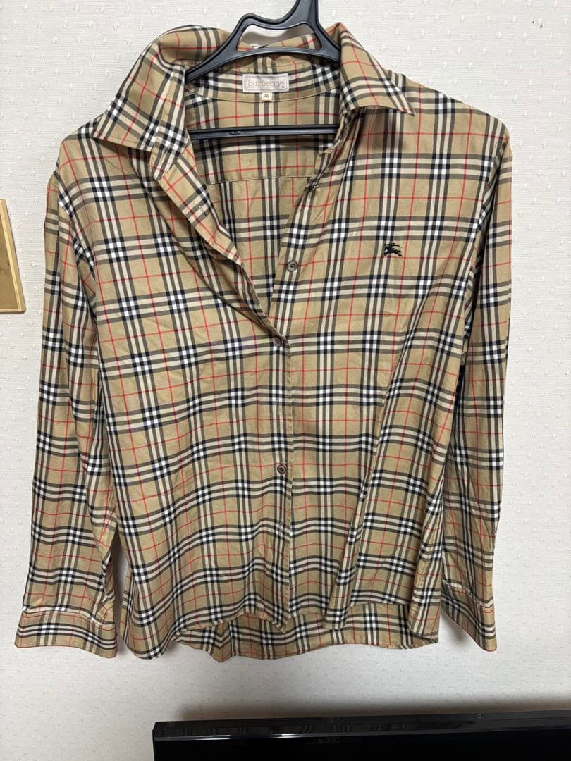 チェック柄 ベージュ コットン長袖シャツ