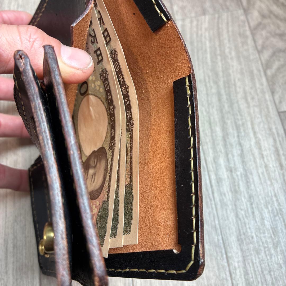 【茶芯ブラック】トラッカーウォレット　ミドル　真鍮　お札を折らずに収納