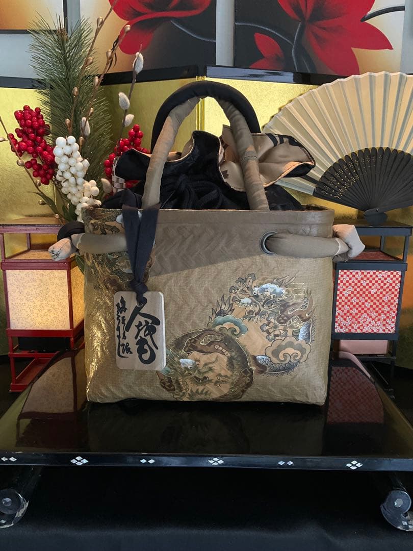 一閑張り　一閑張りバッグ　浮世絵　雲龍　古文書　和紙　竹籠　古布大正　着物　龍