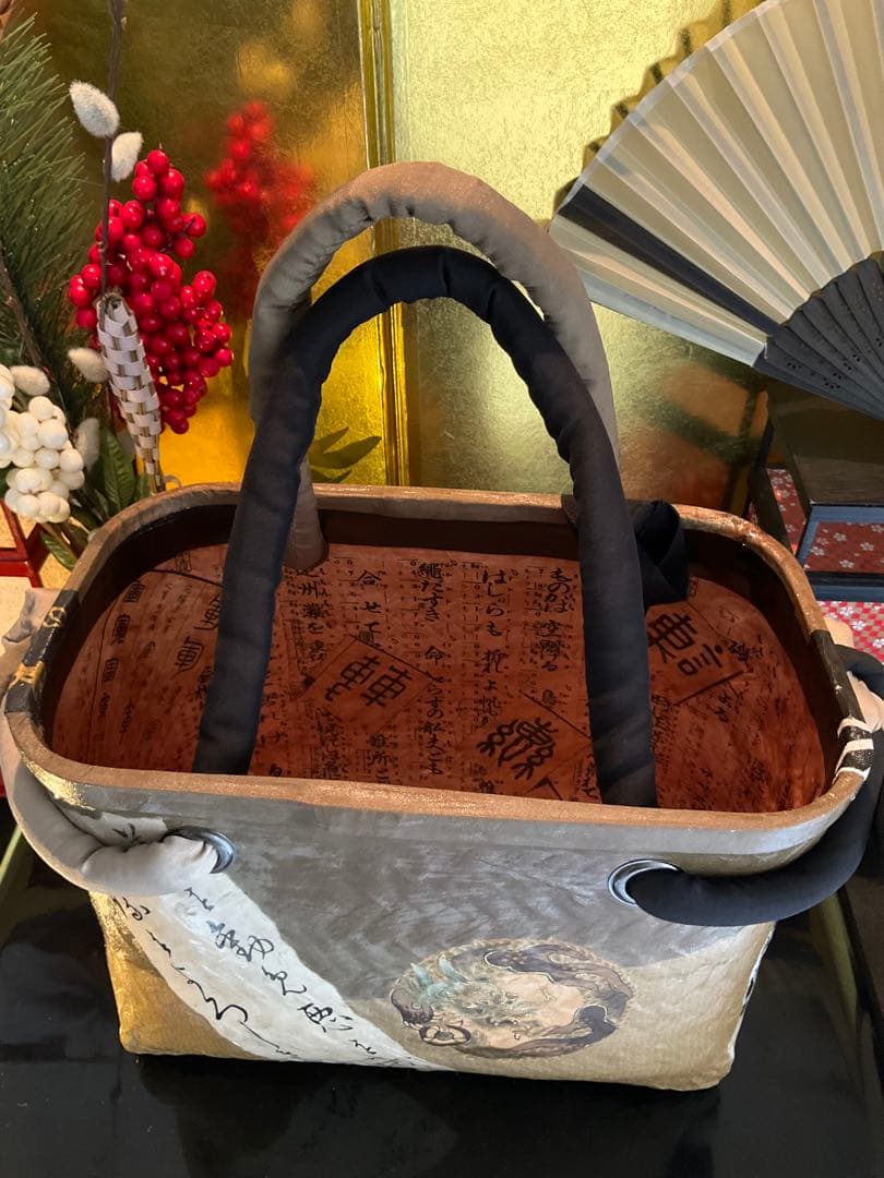 一閑張り　一閑張りバッグ　浮世絵　雲龍　古文書　和紙　竹籠　古布大正　着物　龍