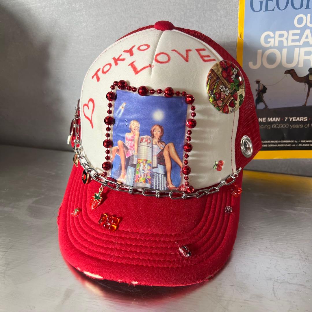 リメイク キャップ 原宿系 チェーン スタッズ ドクロ ハート Y2K グランジ