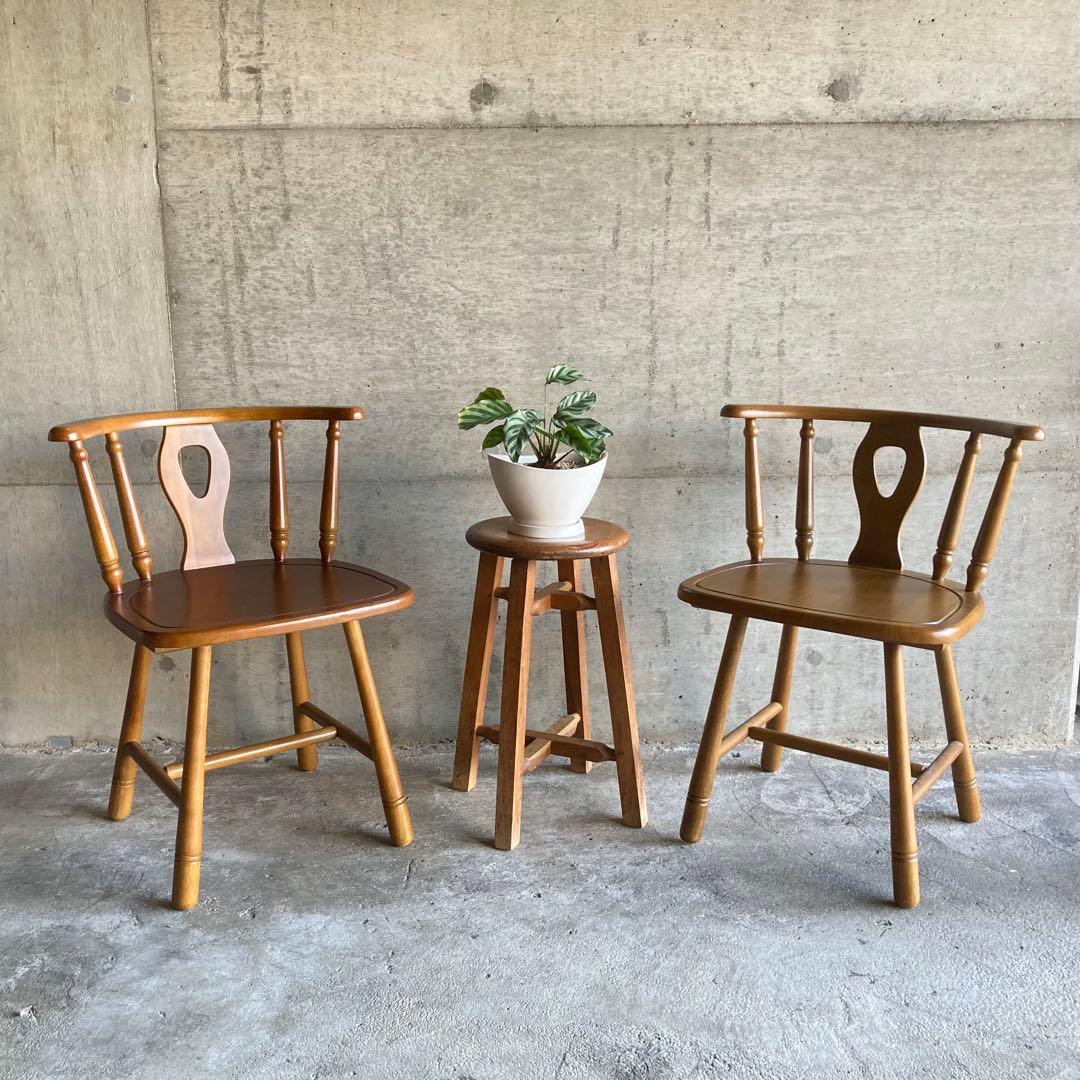 ウィンザーチェア 椅子 リビング ダイニング 2脚 座布団付 木製 家具 レトロ