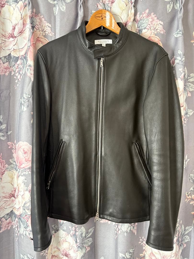 美品 BEAUTY&YOUTH シングルレザー ライダース L ブラック