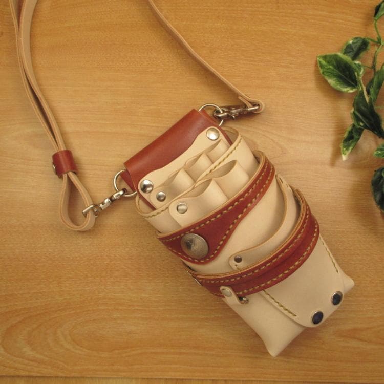 ヌメ革ナチュラル&茶色　５丁差し　革ベルト付　シザーケース　SCL-125/NL