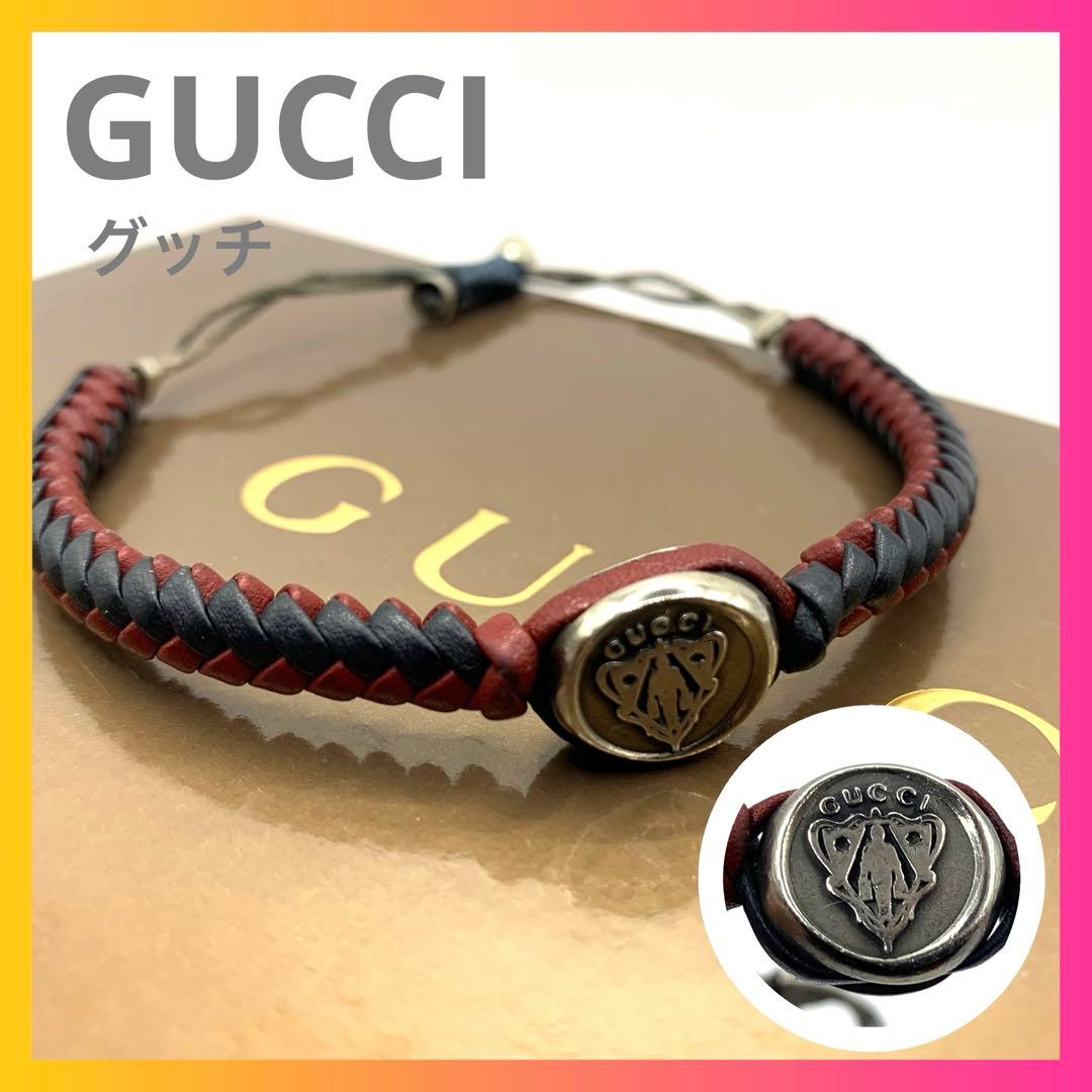 GUCCI グッチ 編み込み レザーブレスレット メンズ 正規品 ブラック 赤