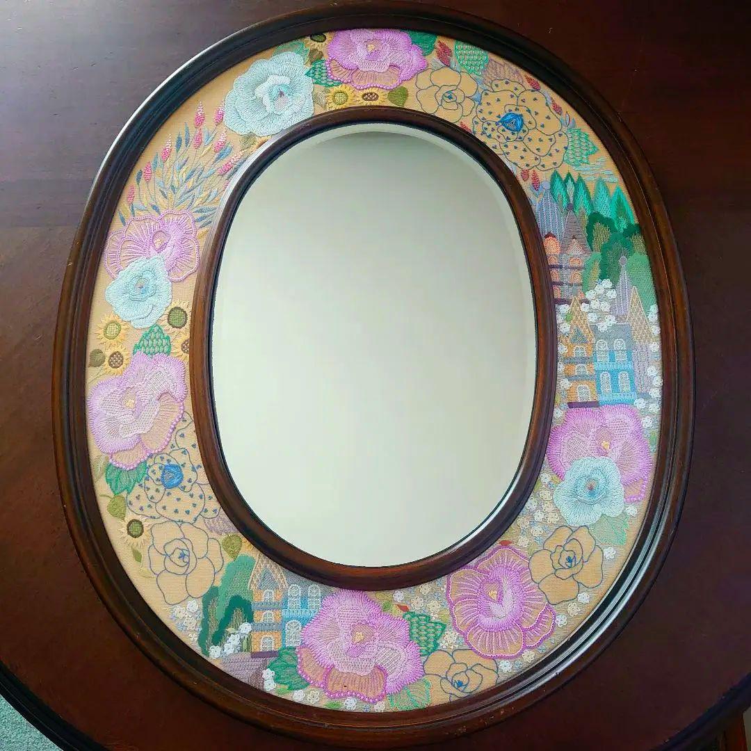 フランス雑貨　鏡　花　刺繍　レース　大型ミラー　木製フレーム　オーバル型