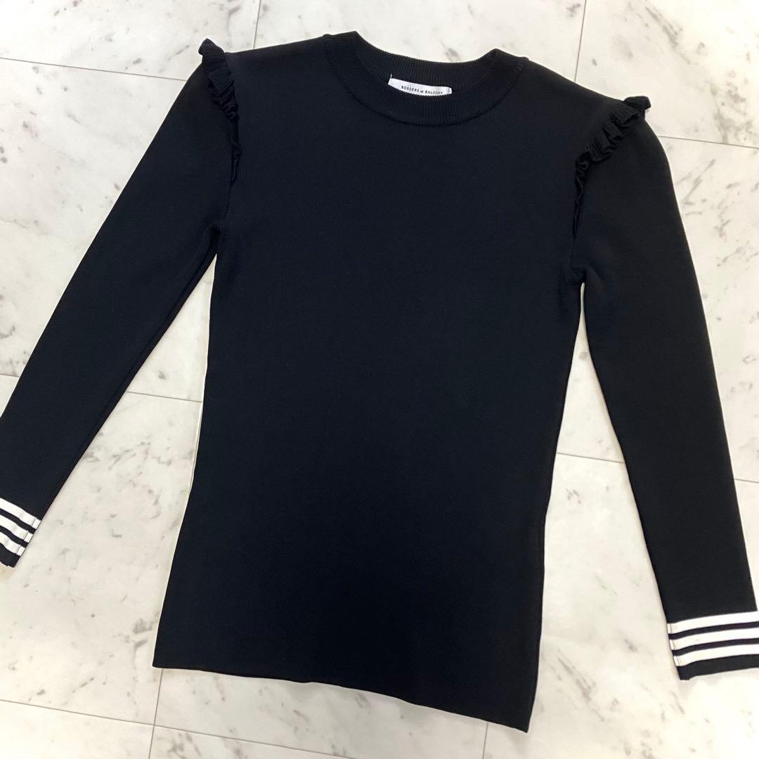 極美品 ボーダーズアットバルコニー ベーシックボーダートップニット フリル 黒