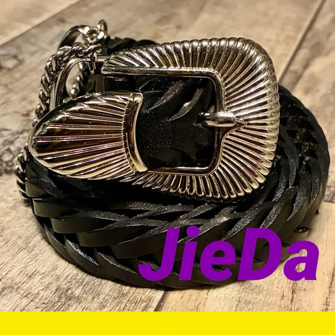 【美品】JieDa チェーンベルト ウエスタン 編みレザー 黒