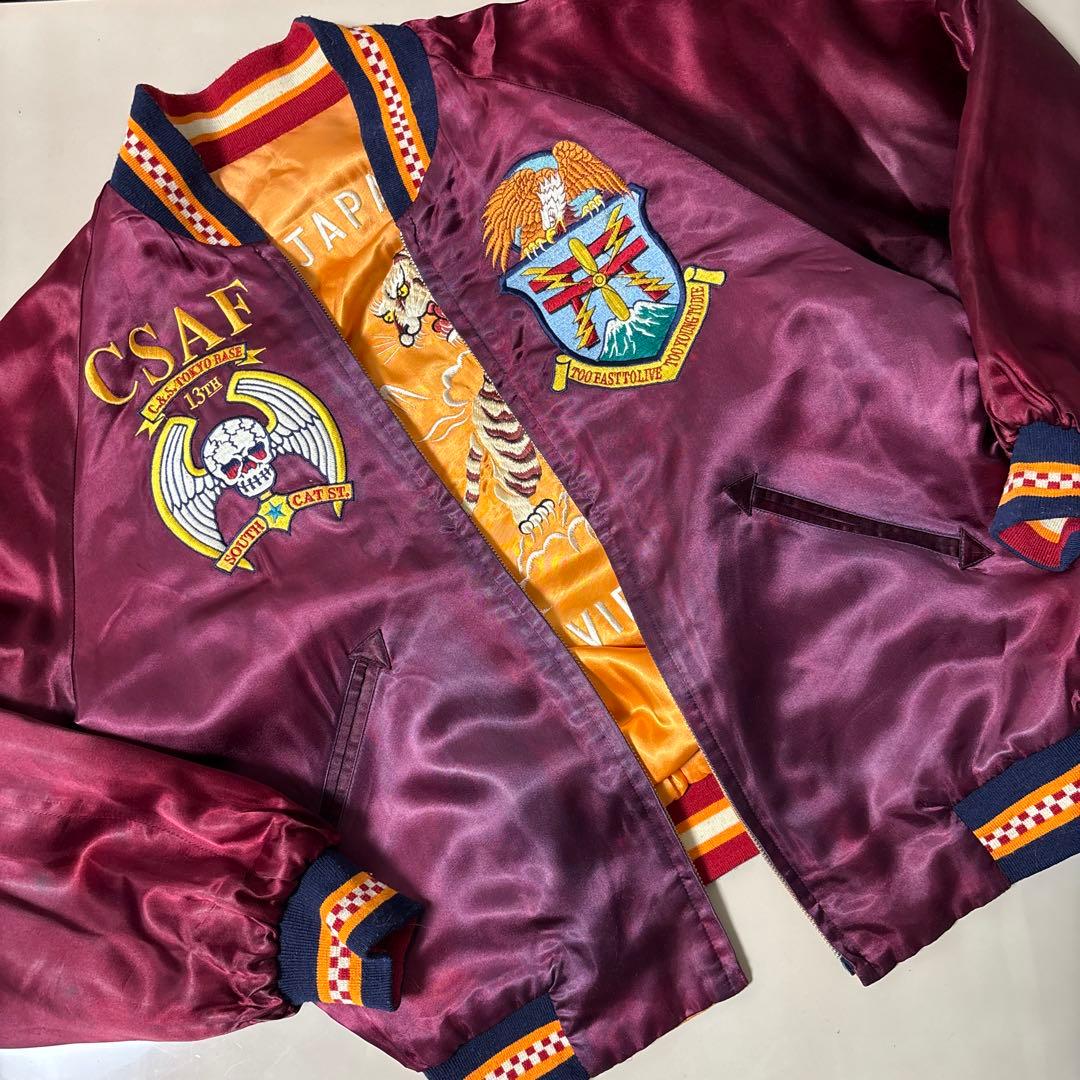 スカジャン バーガンディ オレンジ刺繍