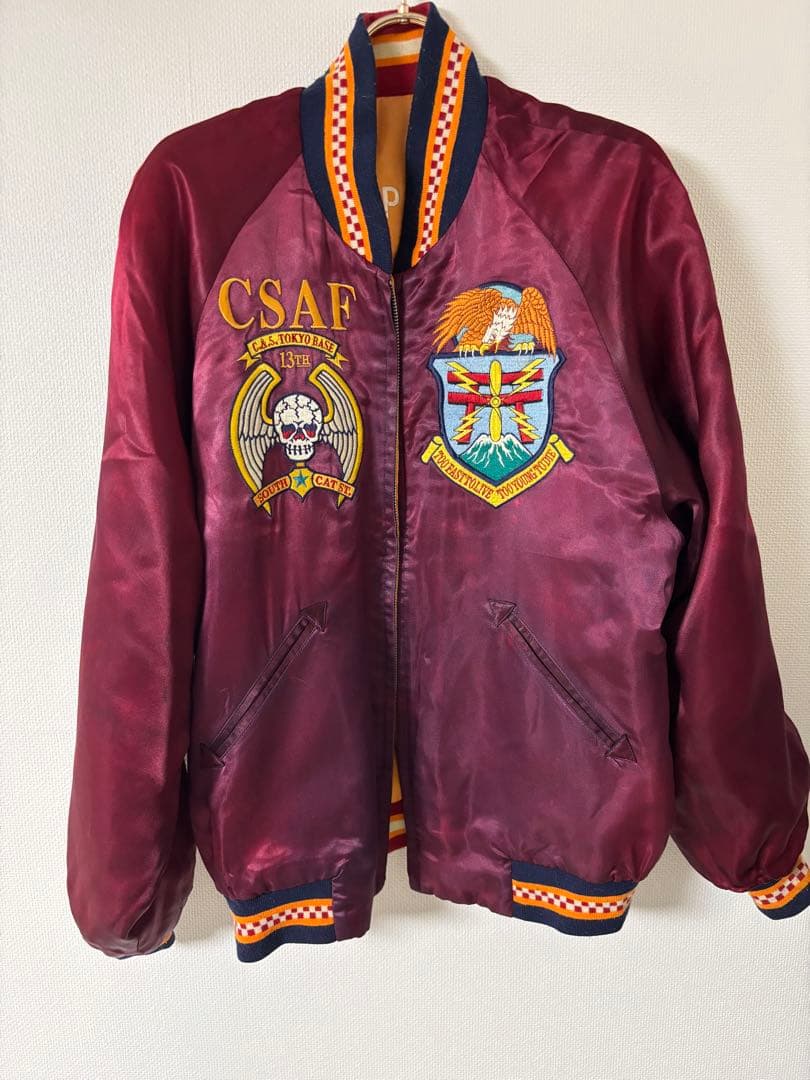 スカジャン バーガンディ オレンジ刺繍