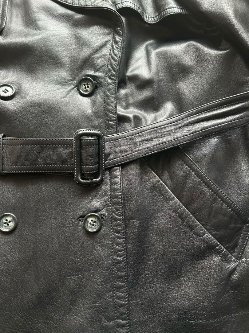 vintage牛革オールレザー ダブル トレンチコート ブラック ロング ベルト