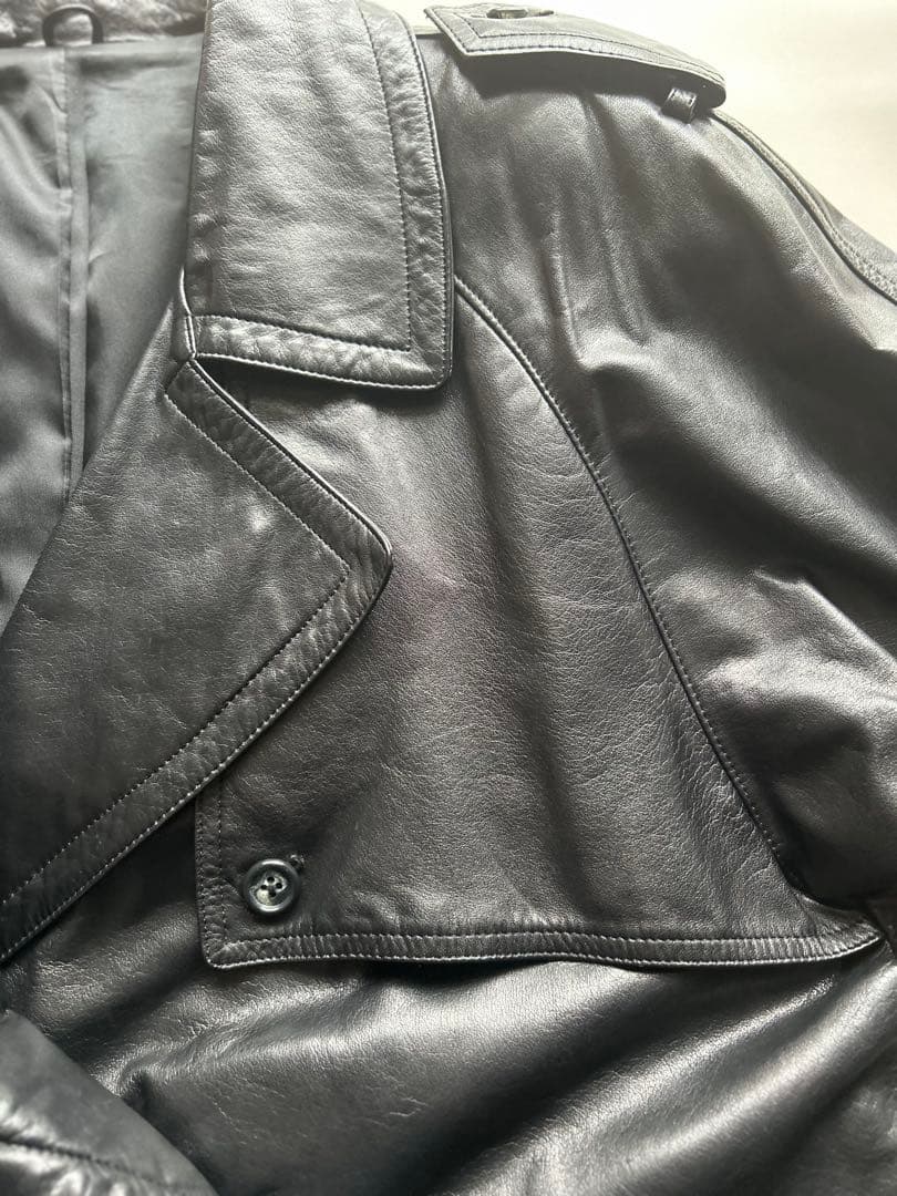 vintage牛革オールレザー ダブル トレンチコート ブラック ロング ベルト