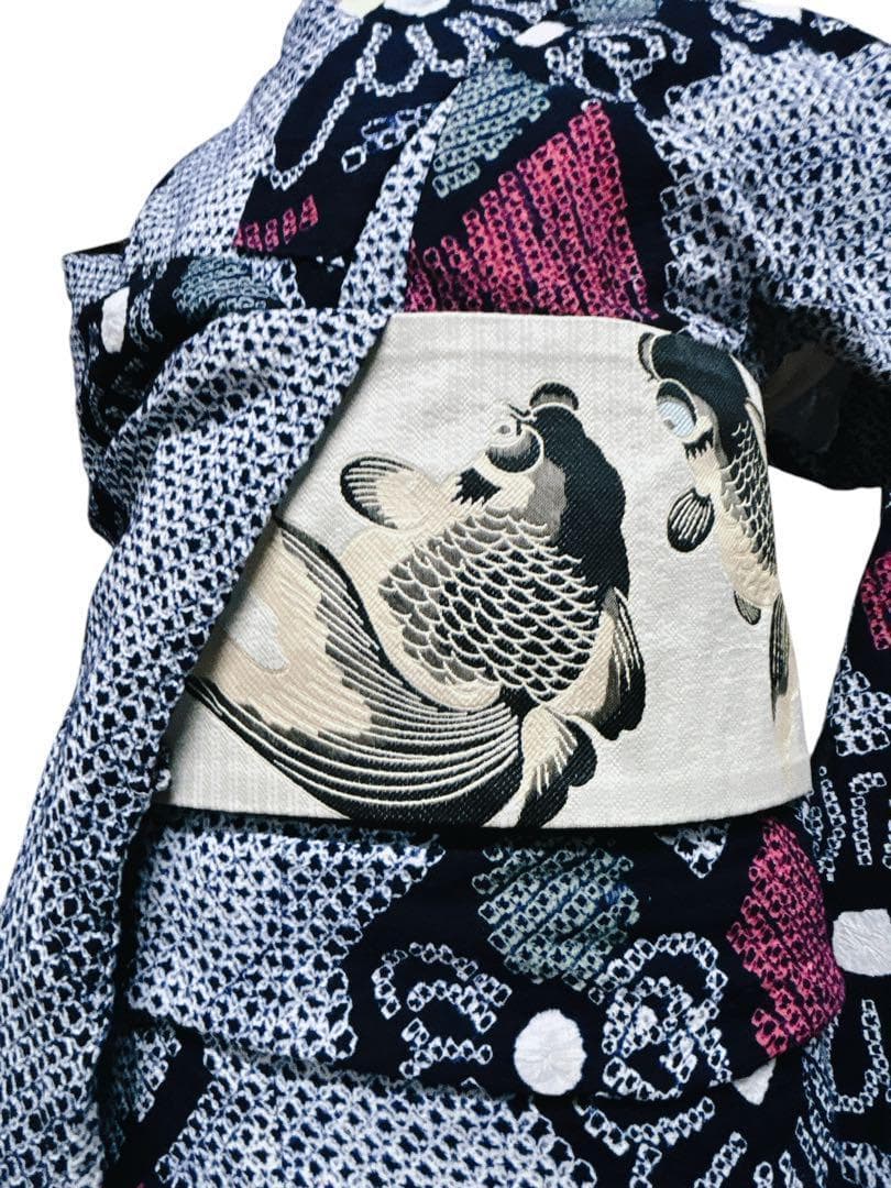 A28 有松鳴海絞り 高級浴衣 花模様　紺青