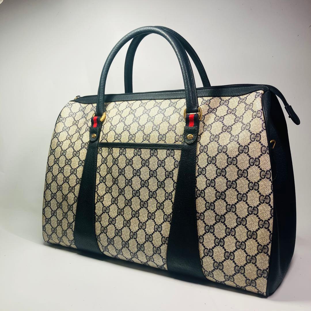 美品　オールドグッチ シェリーライン ボストンバッグ ネイビー レザー A4