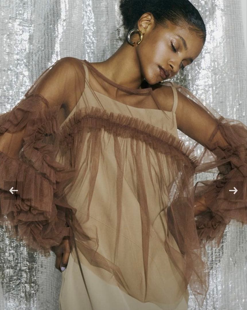 新品/即日発送decorative tulle tops ブラウンチュールフリル