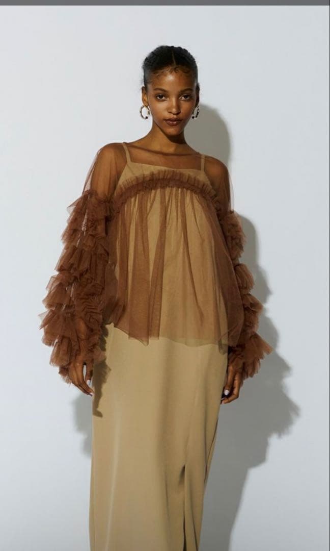 新品/即日発送decorative tulle tops ブラウンチュールフリル