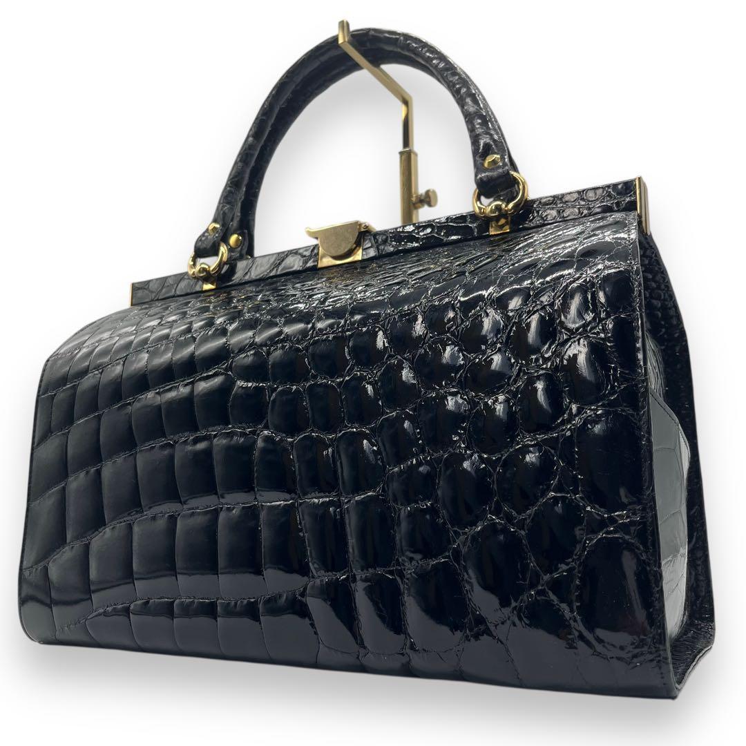 極美品■シャイニングクロコ　本革　ドクターバッグ　ボストンバッグ　ブラック　艶