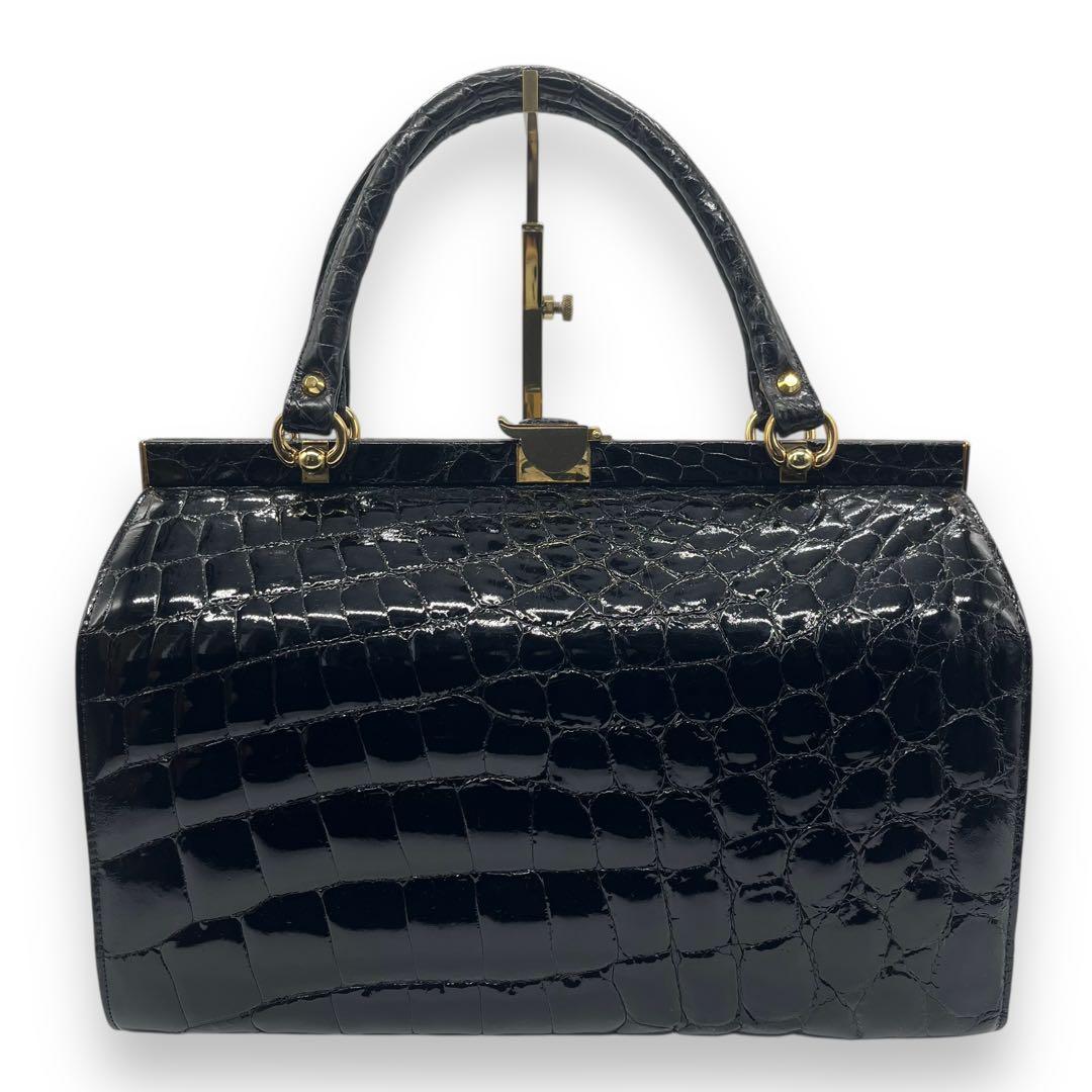 極美品■シャイニングクロコ　本革　ドクターバッグ　ボストンバッグ　ブラック　艶