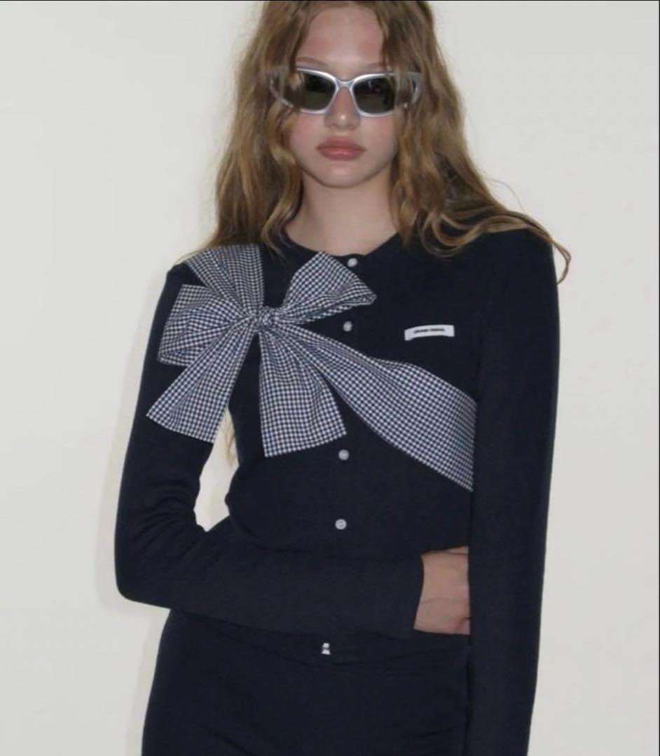 CRANK リボン付きネイビー長袖カーディガン