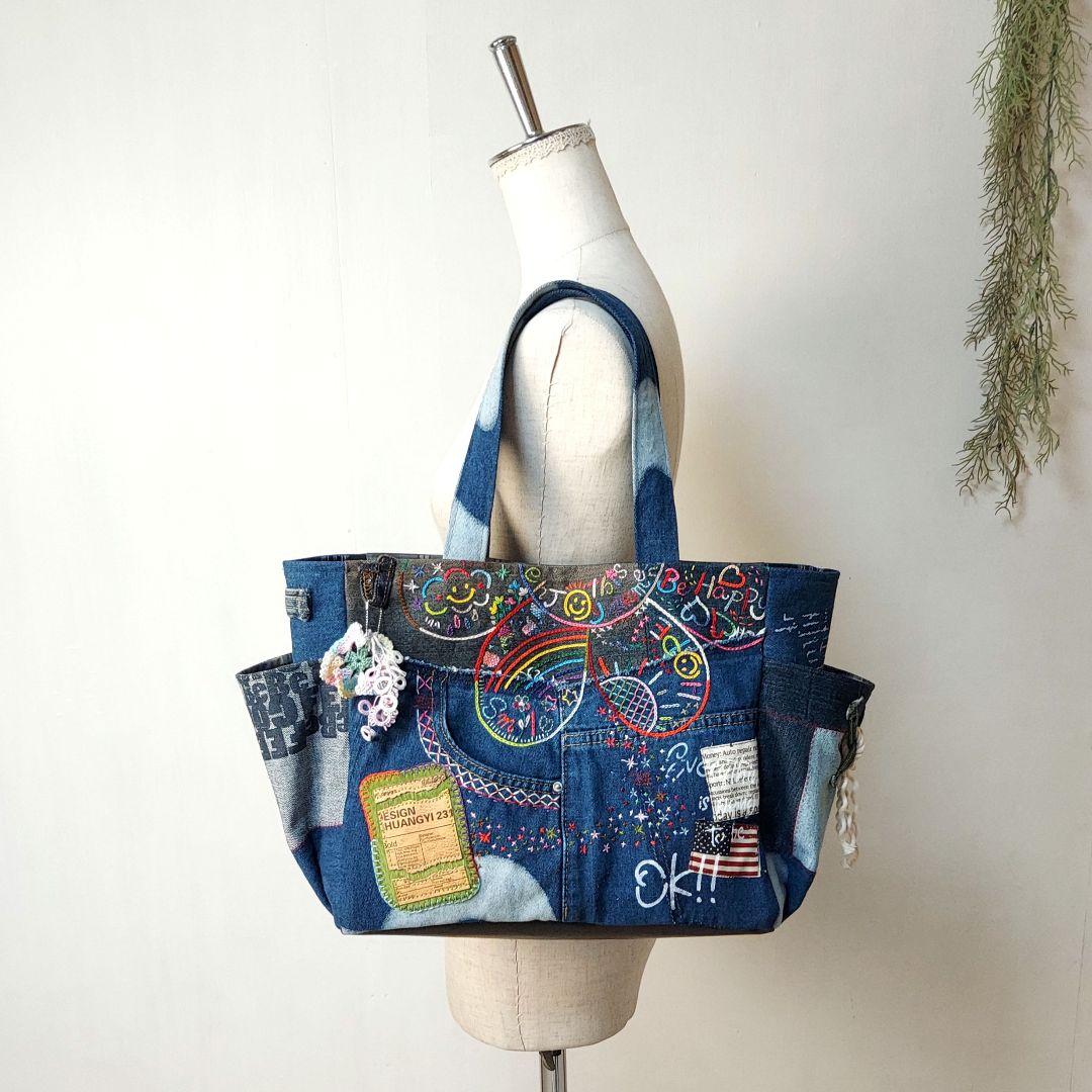 【Kal】大きな刺繍デニムバック　No.625　デニムリメイク