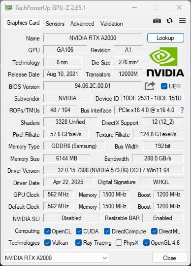 NVIDIA RTX A2000 6GB グラフィックスボード