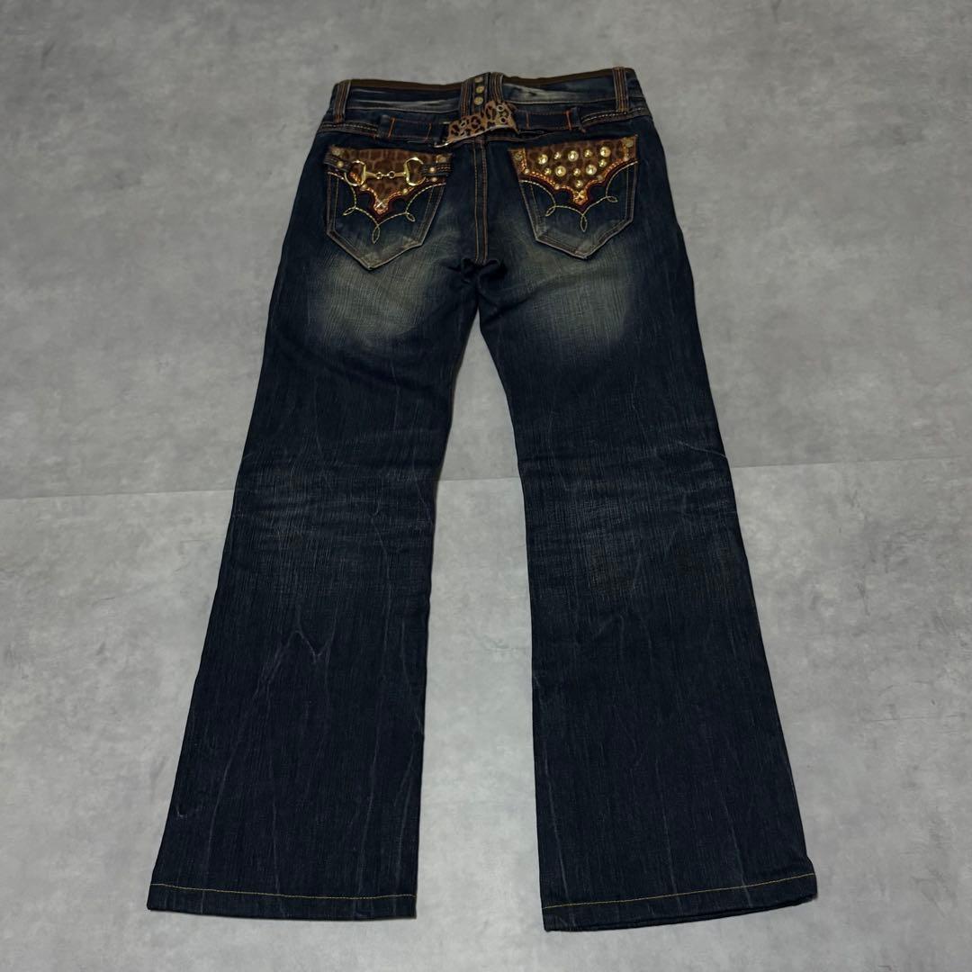Y2K 00s ギャル レッドペッパー フレアデニム スタッズ刺繍 ヒョウ柄