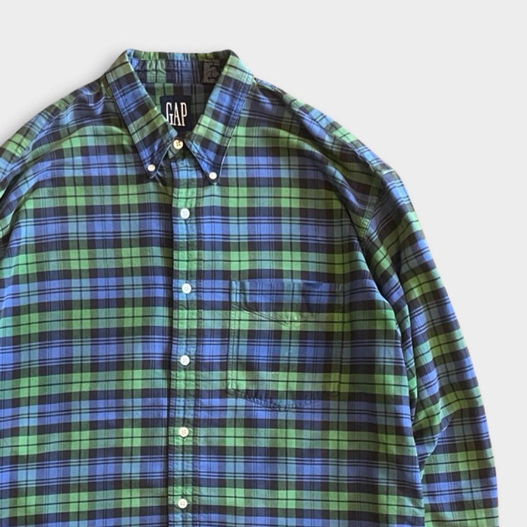90s OLD GAP ボタンダウン チェックシャツ 長袖 緑 青 古着