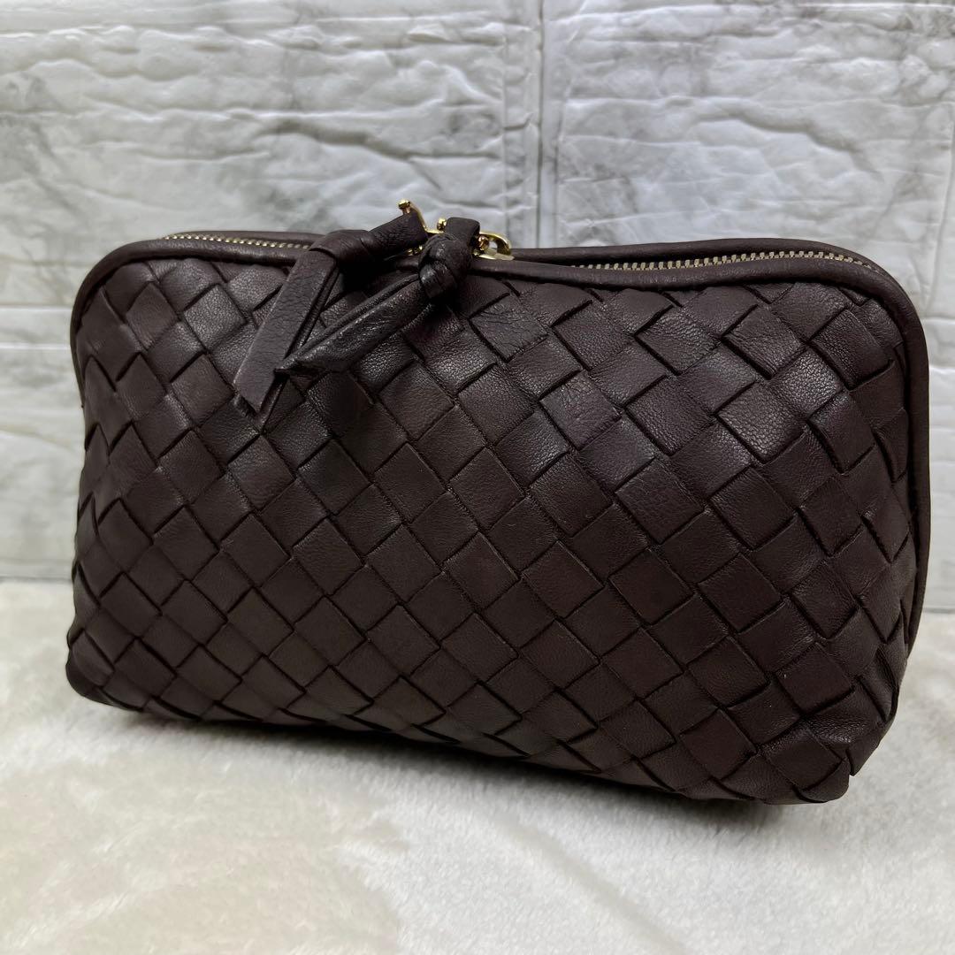 【美品】ボッテガヴェネタ マルチ ポーチ イントレチャート レザー 茶 ブラウン