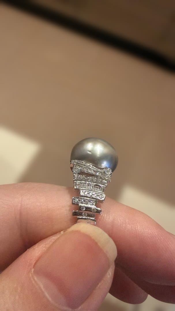 【本真珠】14mm超大珠 タヒチ黒蝶真珠 プラチナグレー リング 豪華18kGP