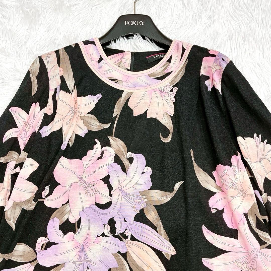 ★LEONARD★シルク混 花柄 フラワー ブラウス ブラック黒 サイズ42
