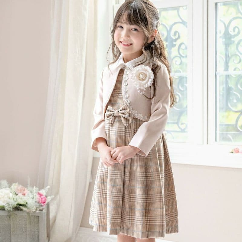 キャサリンコテージ ベージュ チェック柄 フォーマルドレス