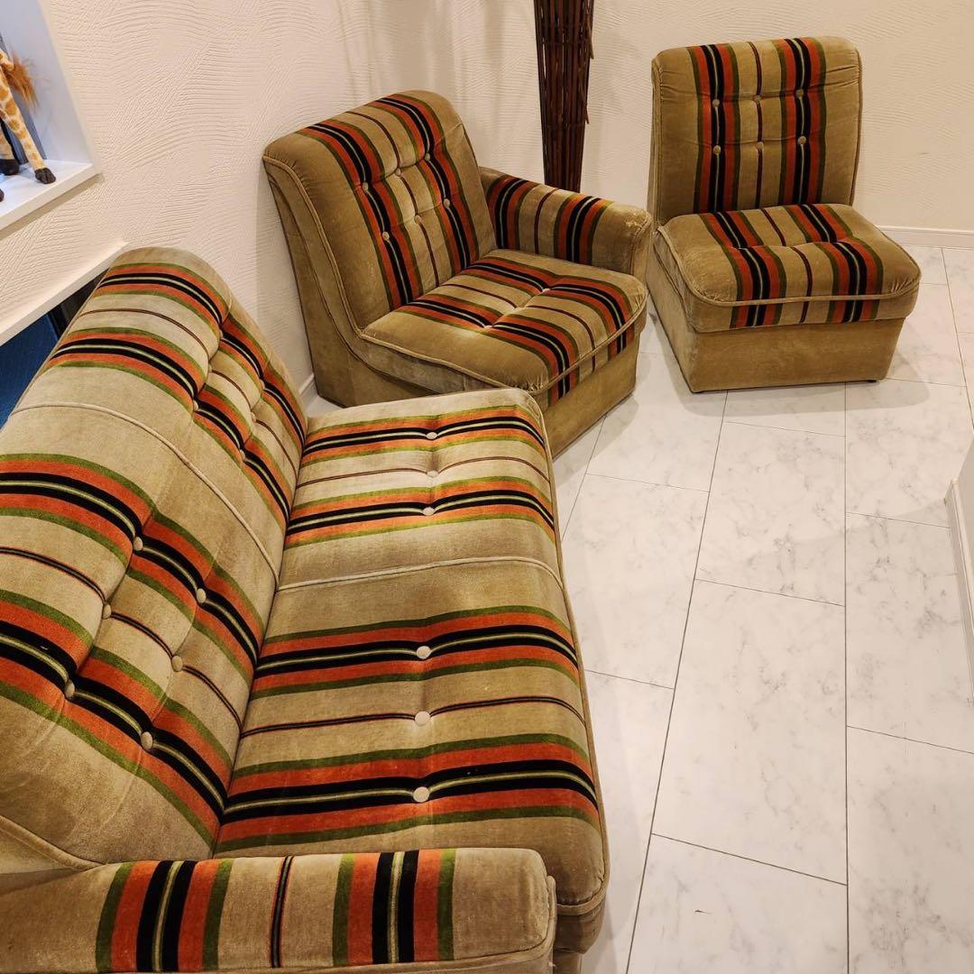 オールドカリモク　karimoku ストライプ　モケットアームレスシングルソファ