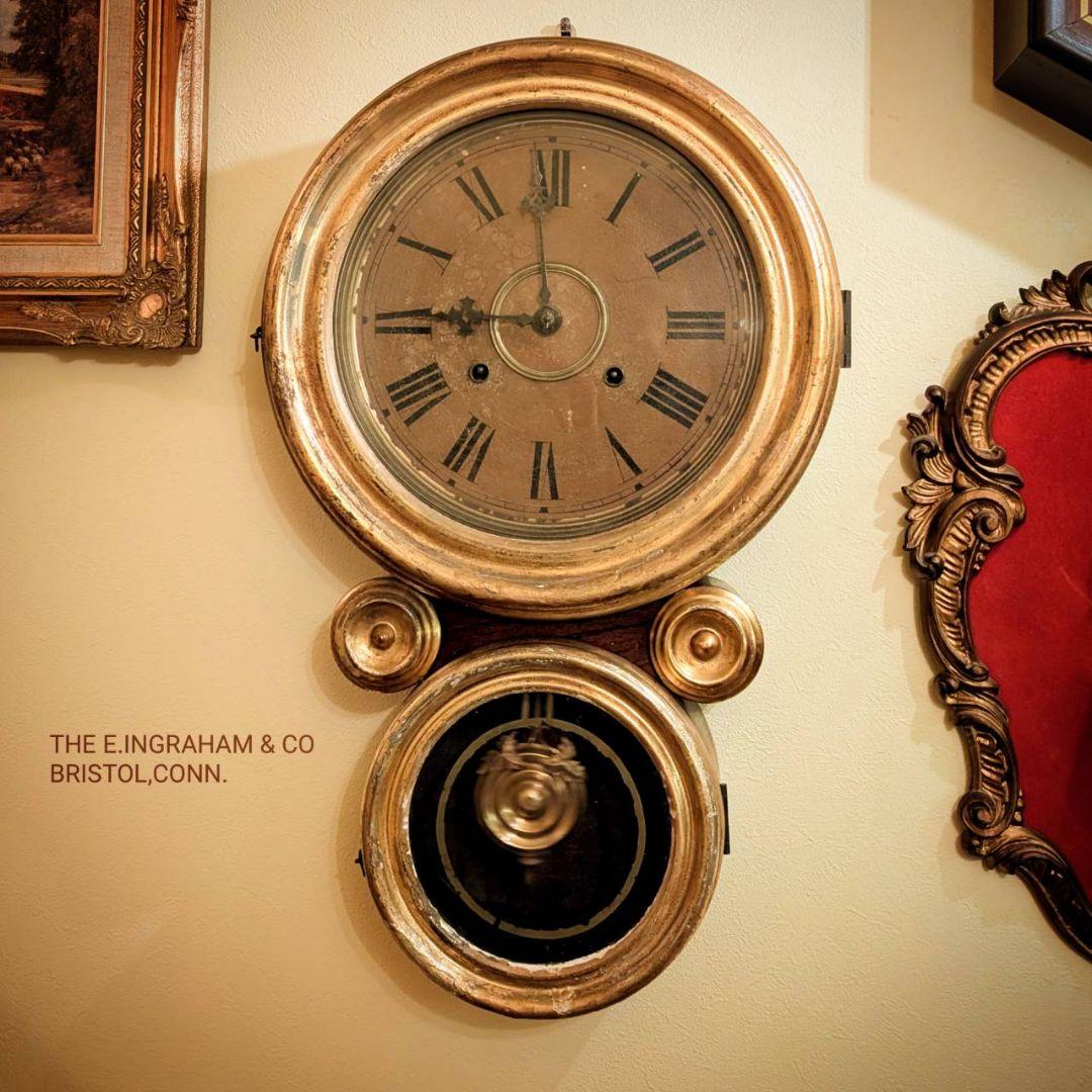 古時計　アンティーク掛時計　イングラハム掛時計　四つ丸　ゼンマイ時計